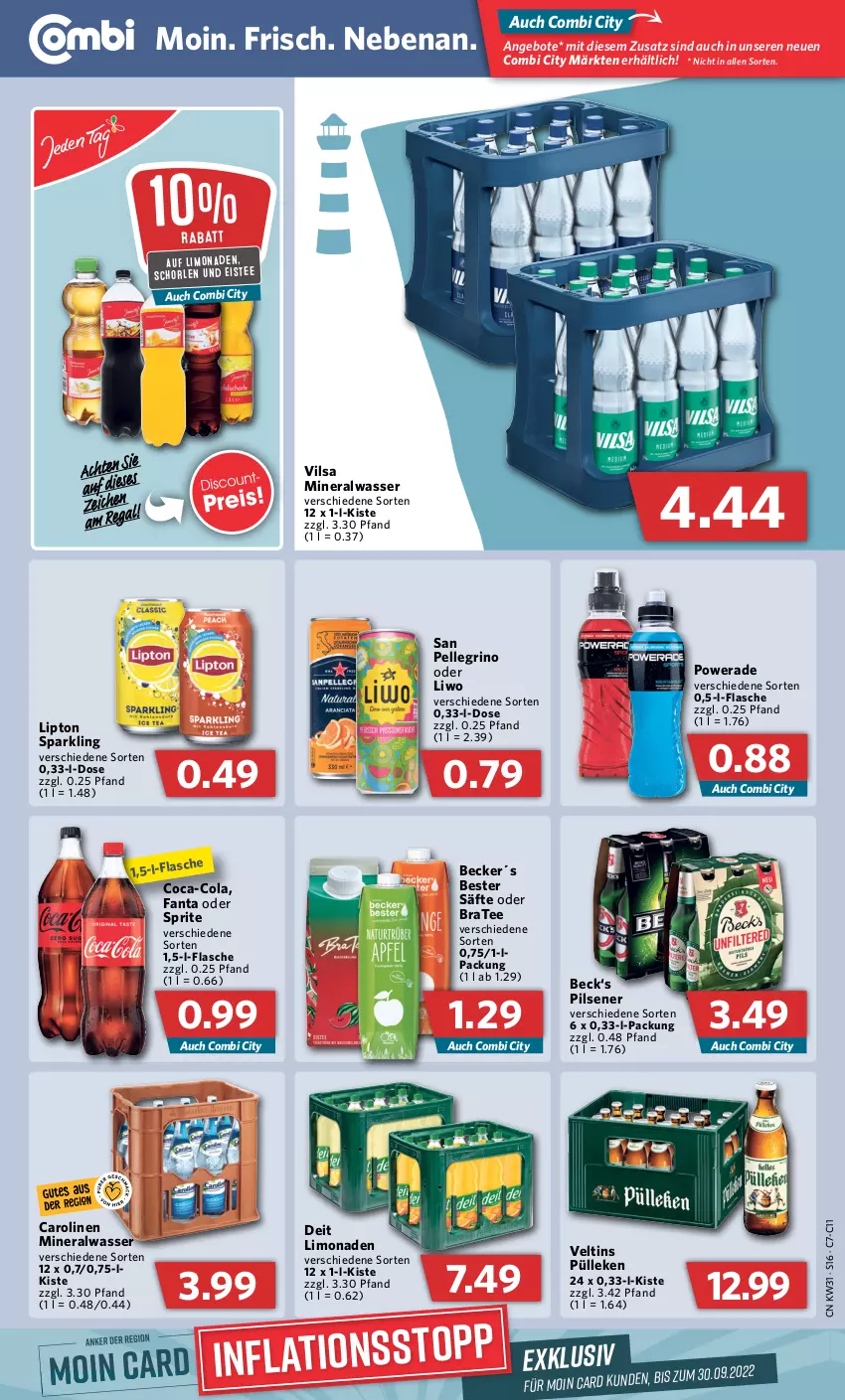 Aktueller Prospekt Combi - Prospekte - von 01.08 bis 06.08.2022 - strona 16 - produkty: Alwa, angebot, angebote, BraTee, coca-cola, cola, deit, eis, eistee, elle, fanta, fanta oder, fanta oder sprite, flasche, limo, limonade, limonaden, lipton, mineralwasser, oder sprite, pils, pilsener, säfte, san pellegrino, schorle, sprite, tee, Ti, veltins, vilsa, wasser