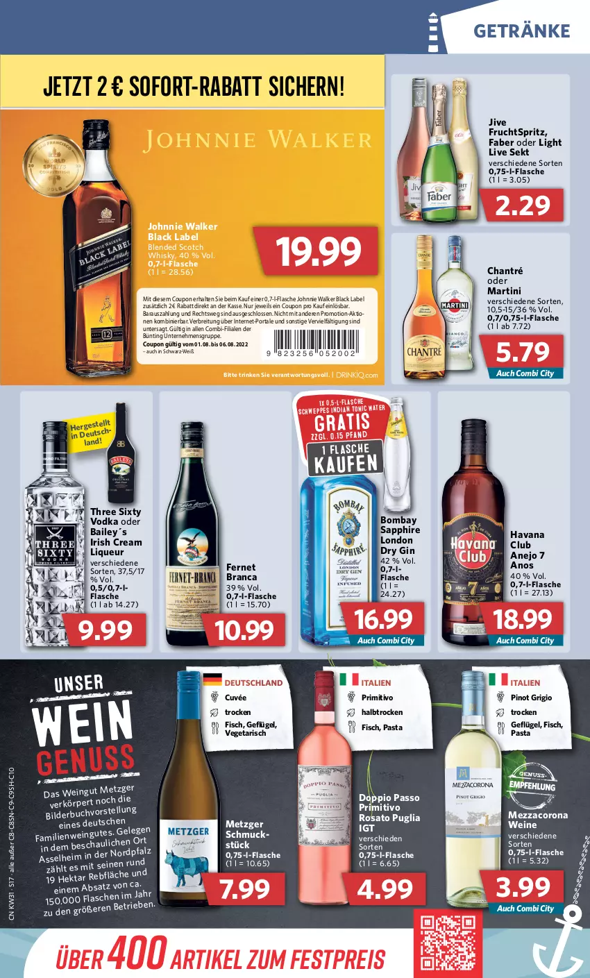 Aktueller Prospekt Combi - Prospekte - von 01.08 bis 06.08.2022 - strona 17 - produkty: black label, blended scotch, blended scotch whisky, bombay sapphire, Brei, chantré, corona, coupon, cuvée, doppio passo, dry gin, eis, Fernet, fernet branca, fisch, flasche, frucht, Geflügel, getränk, getränke, gin, Havana Club, irish cream, johnnie walker, lack, liqueur, london dry, london dry gin, martini, mezzacorona, passo, pasta, Pinot, pinot grigio, primitivo, reis, rosato, sapphire, Schmuck, schweppes, scotch, scotch whisky, sekt, sofort-rabatt, Three Sixty, Ti, tonic, Vegeta, vodka, wein, weine, whisky