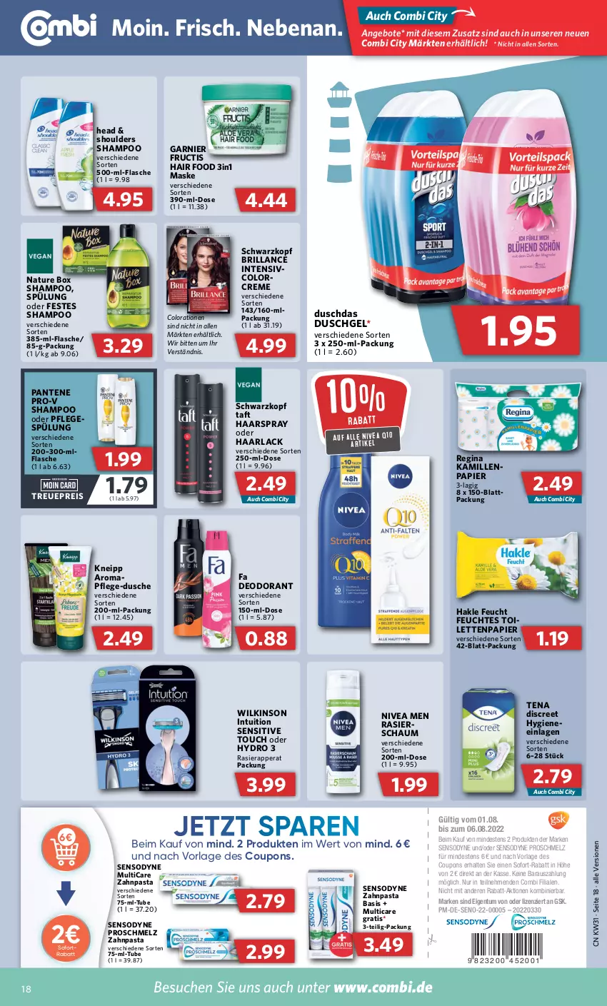 Aktueller Prospekt Combi - Prospekte - von 01.08 bis 06.08.2022 - strona 18 - produkty: angebot, angebote, arla, brillance, Colorationen, coupon, coupons, creme, deo, deodorant, Discreet, duschdas, dusche, duschgel, eis, feuchtes toilettenpapier, flasche, fructis, garnier, gin, Haarlack, haarspray, hakle, Kamill, kamille, kneipp, lack, Maske, natur, nature box, nivea, Nivea Men, pantene, pantene pro-v, papier, pasta, Pflegespülung, pro-v, Q10, Rasierschaum, reis, schwarzkop, schwarzkopf, sensodyne, shampoo, sofort-rabatt, sofortrabatt, spülung, Taft, Ti, toilettenpapier, wilkinson, zahnpasta