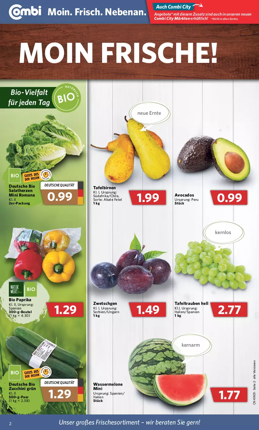 Aktueller Prospekt Combi - Prospekte - von 01.08 bis 06.08.2022 - strona 2 - produkty: angebot, angebote, avocado, avocados, beutel, bio, Birnen, melone, paprika, salat, salatherzen, tafelbirnen, tafeltrauben, Ti, trauben, wasser, wassermelone, zucchini