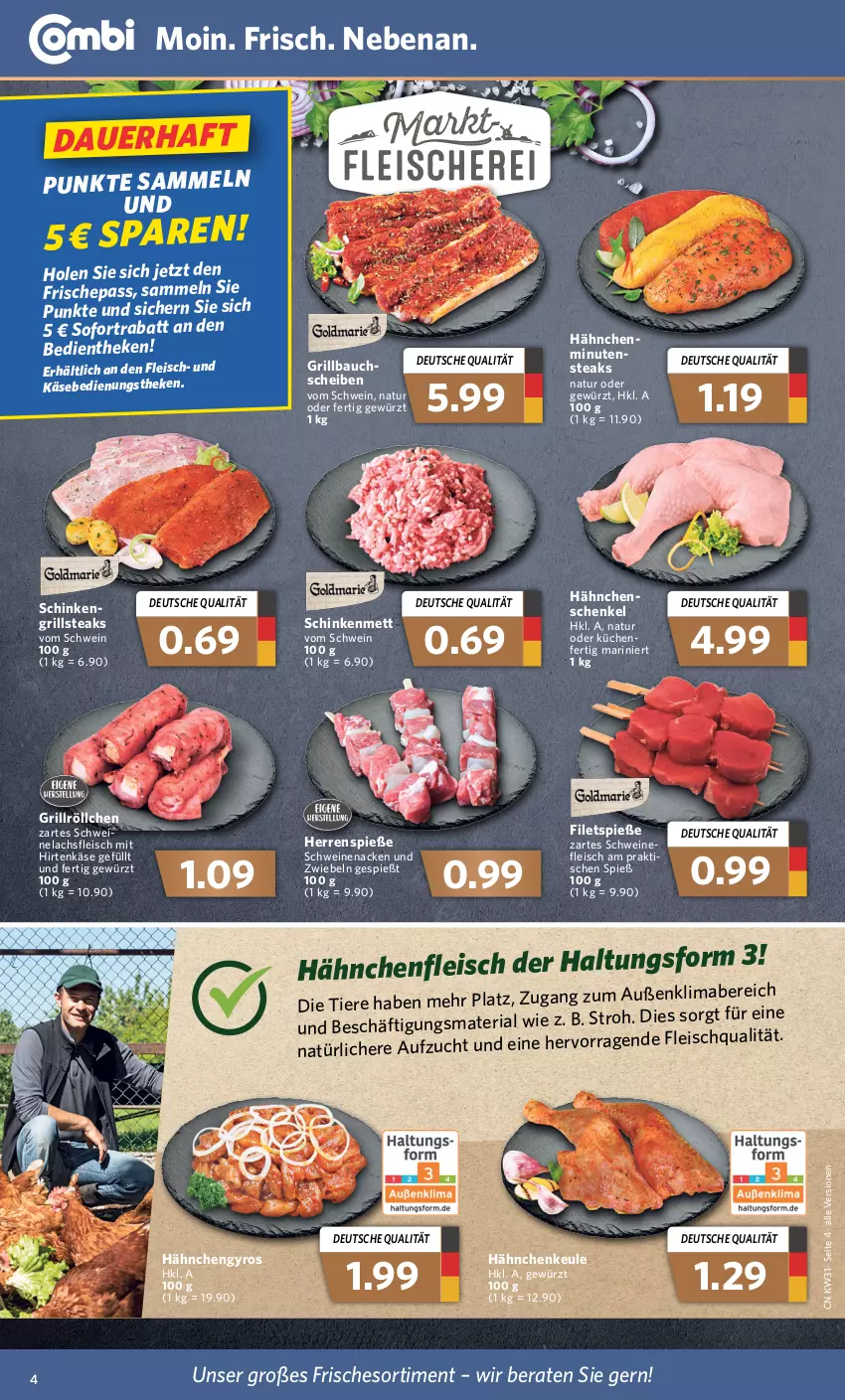 Aktueller Prospekt Combi - Prospekte - von 01.08 bis 06.08.2022 - strona 4 - produkty: auer, Bau, eis, filet, filets, fleisch, gewürz, grill, Grillbauch, gyros, Hähnchenfleisch, Hähnchengyros, henkel, hirtenkäse, Käse, küche, Küchen, lachs, mab, Mett, natur, Ria, schenkel, schinken, schwein, schweine, schweinenacken, sofortrabatt, steak, steaks, Ti, Tiere, wein, weine, zwiebel, zwiebeln