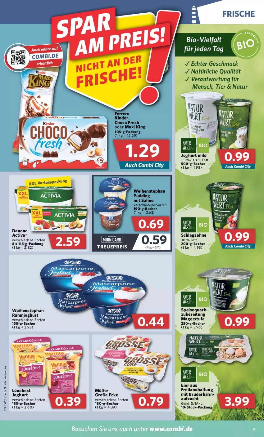 Aktueller Prospekt Combi - Prospekte - von 01.08 bis 06.08.2022 - strona 9 - produkty: activa, Becher, bio, choco fresh, danone, eier, eis, ferrero, joghur, joghurt, joghurt mild, Kinder, Kinder Choco fresh, mac, Müller, natur, pudding, quark, rahmjoghurt, reis, sahne, schlagsahne, speisequark, Ti, weihenstephan