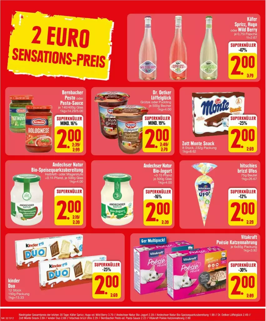 Aktueller Prospekt Edeka - Prospekte - von 05.08 bis 10.08.2024 - strona 12 - produkty: andechser natur, bio, Dr. Oetker, eis, ente, hugo, jogurt, käfer, katzennahrung, Kinder, kraft, LG, Löffel, monte, natur, pasta, pasta-sauce, pesto, Pods, quark, reis, sauce, snack, speisequark, Sprizz, vita, vitakraft, Wild, wild berry, zott, Zott Monte, ZTE