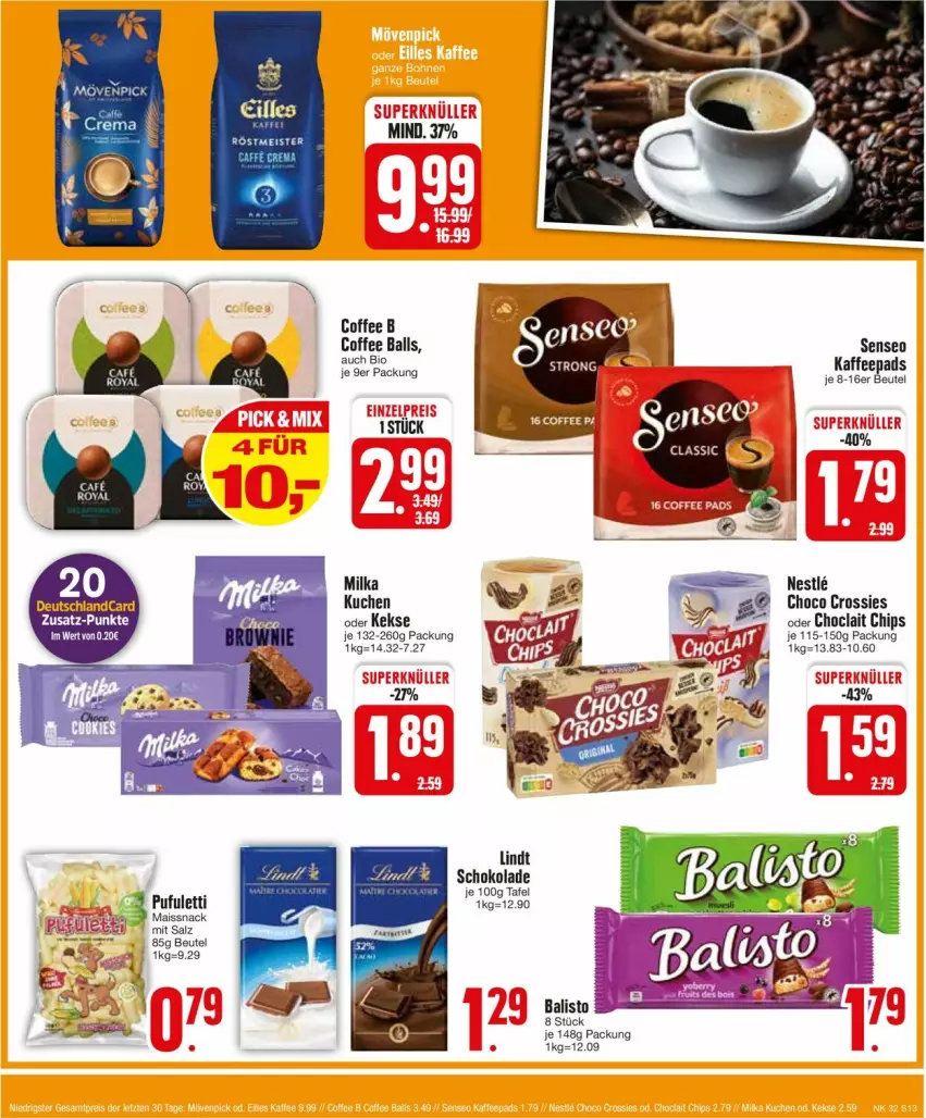 Aktueller Prospekt Edeka - Prospekte - von 05.08 bis 10.08.2024 - strona 13 - produkty: ball, beutel, bio, chips, choco crossies, crossies, deutschlandcard, kaffee, kaffeepads, keks, kekse, kuchen, lindt, mais, milka, salz, schoko, schokolade, senseo, snack