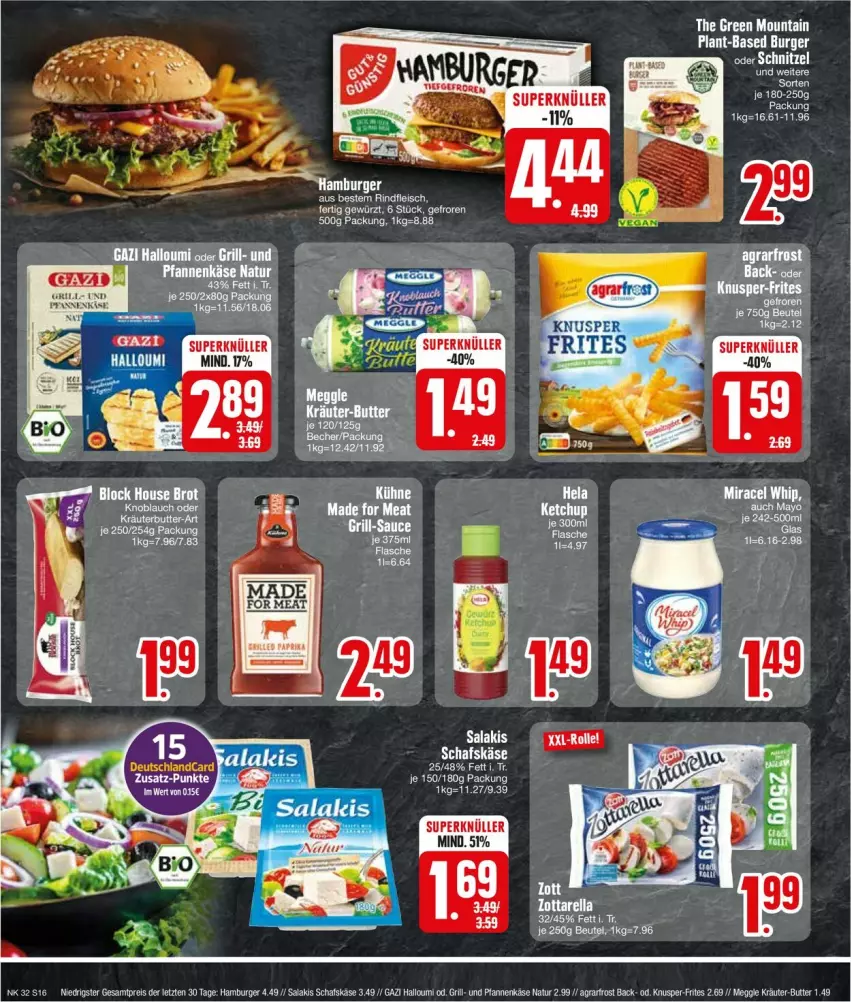 Aktueller Prospekt Edeka - Prospekte - von 05.08 bis 10.08.2024 - strona 16 - produkty: agrarfrost, Becher, burger, butter, eis, fleisch, grill, Halloumi, hamburger, Hela, Käse, kräuter, kräuter-butter, meggle, miracel, natur, pfanne, pfannen, pfannenkäse, reis, rel, rind, rindfleisch, salakis, schafskäse, Ti, und pfanne, Yo