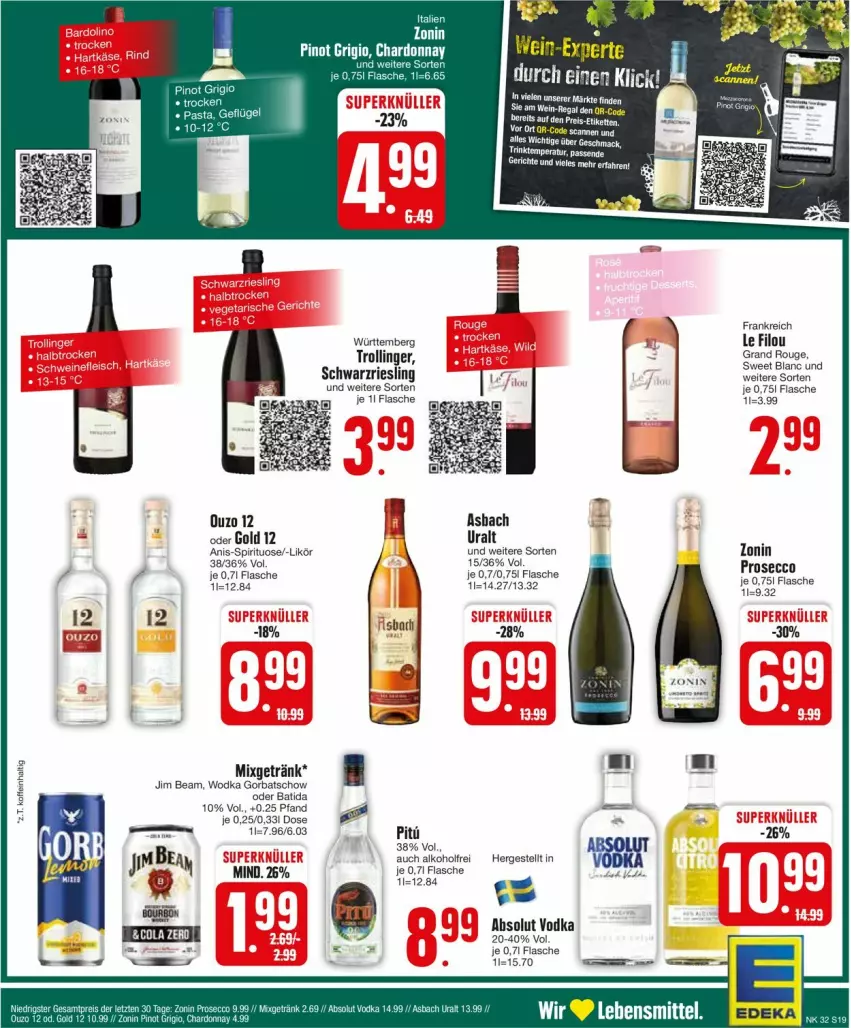 Aktueller Prospekt Edeka - Prospekte - von 05.08 bis 10.08.2024 - strona 19 - produkty: Absolut Vodka, alkohol, batida, deka, ecco, flasche, getränk, Gorbatschow, jim beam, likör, Mixgetränk, ouzo, ouzo 12, prosecco, riesling, rouge, schwarzriesling, Ti, trolli, trollinger, vodka, wodka, zonin