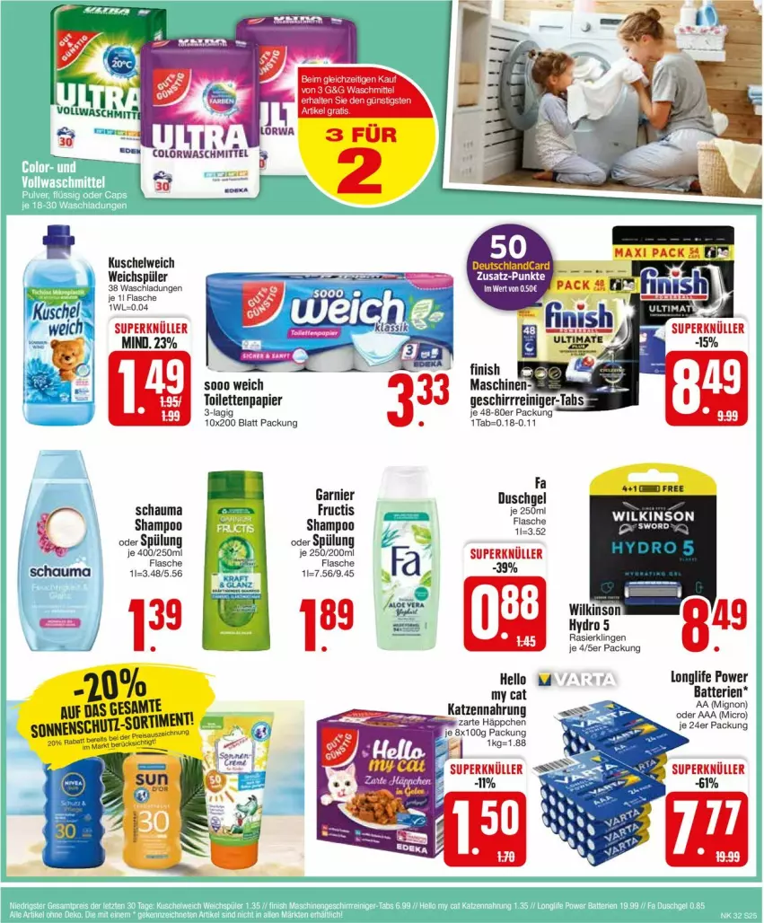 Aktueller Prospekt Edeka - Prospekte - von 05.08 bis 10.08.2024 - strona 25 - produkty: batterie, batterien, colorwaschmittel, deutschlandcard, duschgel, eis, flasche, katzennahrung, Kuschelweich, longlife, papier, Rasierklinge, rasierklingen, reis, schauma, schauma shampoo, shampoo, shampoo oder spülung, spülung, toilettenpapier, waschmittel, weichspüler, wilkinson