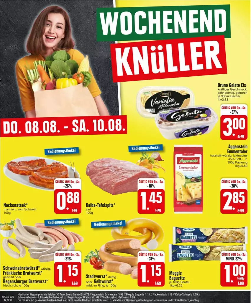 Aktueller Prospekt Edeka - Prospekte - von 05.08 bis 10.08.2024 - strona 26 - produkty: Abtei, baguette, Becher, beutel, bratwurst, bruno gelato, burger, deka, eis, emmentaler, mac, meggle, Nackensteak, regensburger, ring, schwein, steak, tafelspitz, Ti, wein, wurst