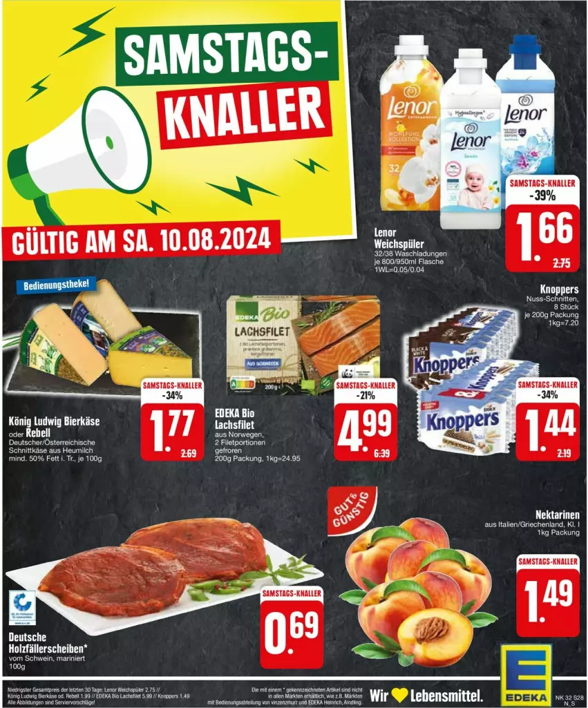 Aktueller Prospekt Edeka - Prospekte - von 05.08 bis 10.08.2024 - strona 28 - produkty: auer, bier, bio, deka, edeka bio, eis, filet, flasche, Heu, heumilch, Holz, Käse, knoppers, lachs, lachsfilet, lenor, lenor weichspüler, milch, Nektar, nektarinen, rebell, reis, rel, schnittkäse, Ti, weichspüler, ZTE