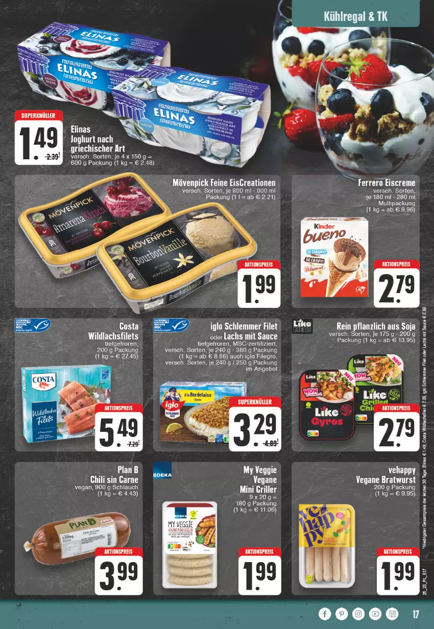 Aktueller Prospekt E Center - Angebote der Woche - von 12.06 bis 17.06.2023 - strona 17 - produkty: aktionspreis, angebot, bratwurst, chili, eis, elinas, filegro, filet, filets, iglo, joghur, joghurt, joghurt nach, kühlregal, lachs, lachsfilet, lachsfilets, mövenpick, regal, reis, sauce, schlauch, soja, tee, Ti, veggie, Wild, wildlachs, wurst, ZTE