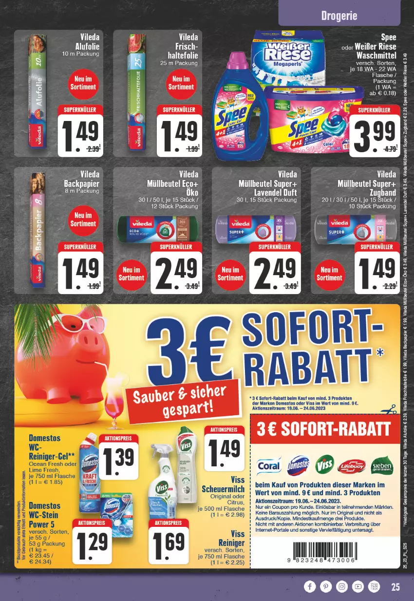 Aktueller Prospekt E Center - Angebote der Woche - von 12.06 bis 17.06.2023 - strona 25 - produkty: aktionspreis, beutel, Brei, coupon, domestos, eis, flasche, gin, lavendel, müllbeutel, papier, reis, ritter, sofort-rabatt, spee, tee, Ti, vileda, waschmittel, ZTE