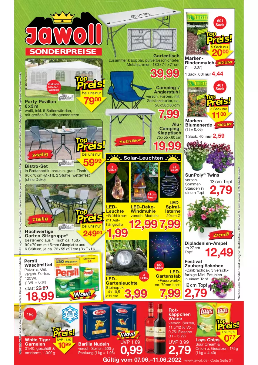 Aktueller Prospekt Jawoll - Prospekte - von 05.06 bis 11.06.2022 - strona 1 - produkty: angebot, angebote, barilla, blume, blumen, blumenerde, braun, calibrachoa, chips, dekoration, dell, dip, eis, elle, erde, fenster, flasche, garnelen, Garten, gartentisch, getränk, getränke, getränkehalter, glasplatte, klapptisch, laterne, latte, lays, leds, Leuchte, leuchten, Mode, nudel, nudeln, pavillon, persil, petunie, petunien, reis, rind, rindenmulch, rotkäppchen, rwe, sac, salz, sour cream, stauden, Stühl, stuhl, Ti, tisch, topf, wein, weine, zauberglöckchen