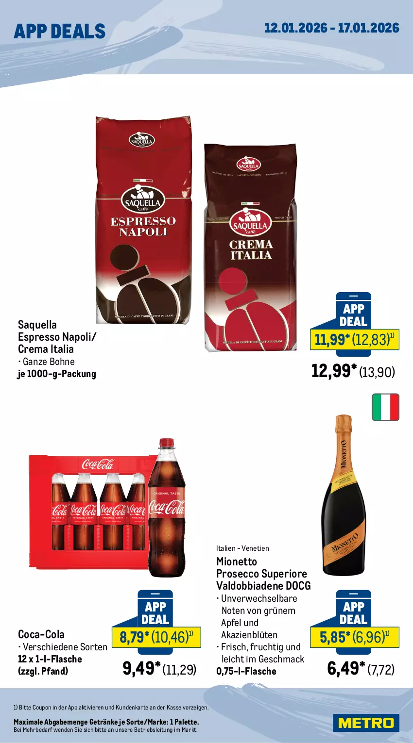 Aktueller Prospekt Metro - App-Deals - von 12.01 bis 17.01.2026 - strona 2 - produkty: apfel, Blüte, bohne, coca-cola, cola, coupon, ecco, espresso, flasche, frucht, getränk, getränke, mac, mionetto, Palette, prosecco, rwe, Ti, valdo