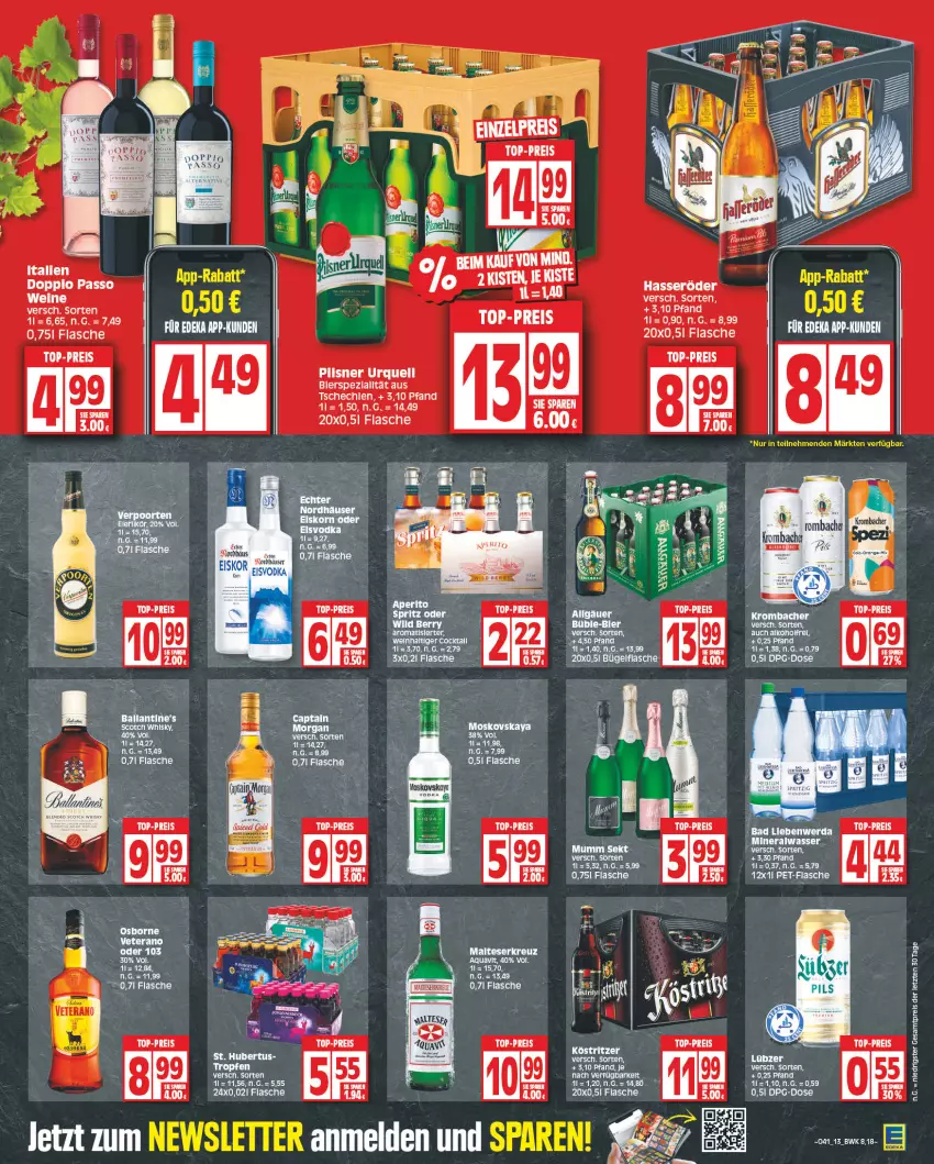 Aktueller Prospekt Edeka - Angebote der Woche - von 09.10 bis 14.10.2023 - strona 13 - produkty: Alwa, aqua, aquavit, ball, bier, Cap, cocktail, doppio passo, eier, eis, flasche, gin, hasseröder, korn, LG, Lübzer, malteser, mineralwasser, moskovskaya, mumm, passo, pils, pilsner, pilsner urquell, reis, scotch, scotch whisky, sekt, tee, Ti, top-preis, veterano, wasser, wein, whisky, Wild, wild berry, ZTE