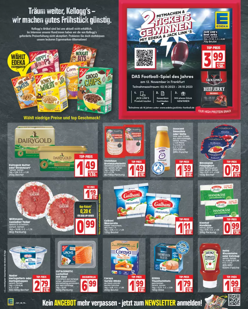 Aktueller Prospekt Edeka - Angebote der Woche - von 09.10 bis 14.10.2023 - strona 8 - produkty: aqua, ball, Becher, beef, beutel, bier, Biere, deka, discount, eis, elle, feinjoghurt, flasche, galbani, heinz, hering, Herings, Heringshappen, Innocent, joghur, joghurt, Käse, Kellogg‘s, küche, Küchen, lachs, mac, mayonnaise, mozzarella, nadler, ndk, obst, regal, reis, rel, ring, säfte, salami, schnitten, snack, Streichzart, tee, teller, Ti, top-preis, torte, wiltmann, Yo, ZTE