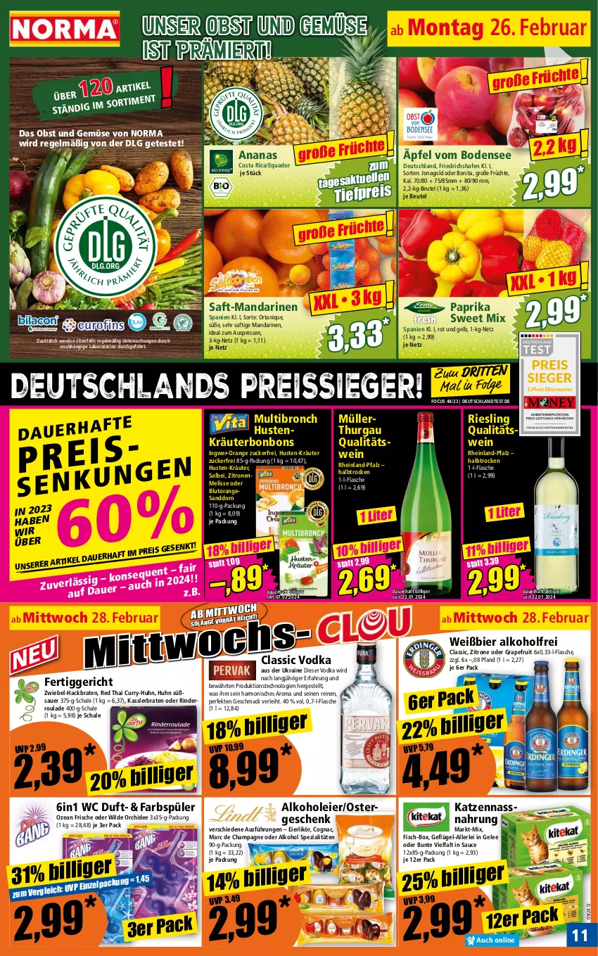 Aktueller Prospekt Norma - Norma - von 26.02 bis 04.03.2024 - strona 11 - produkty: alkohol, ananas, auer, beutel, bier, Blutorange, bonbons, bonita, braten, champagne, Cognac, curry, eier, eierlikör, eis, erde, fertiggericht, fisch, flasche, früchte, Geflügel, gelee, grapefruit, ingwer, kräuter, LG, likör, mac, mandarine, mandarinen, Müller, Nassnahrung, obst, Obst und Gemüse, orange, orchidee, paprika, quad, qualitätswein, reis, reiss, riesling, rind, rinder, Rinderroulade, saft, sanddorn, sauce, Schal, Schale, Spezi, ssd, Ti, tiefpreis, und gemüse, vodka, wein, Wild, zitrone, zitronen, zucker, zwiebel