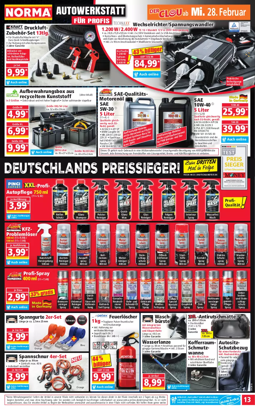 Aktueller Prospekt Norma - Norma - von 26.02 bis 04.03.2024 - strona 13 - produkty: aceto, adapter, aufbewahrungsbox, auto, batterie, Bau, Bebe, bürste, Diesel, edelstahl, eis, Elektro, elle, felgen, Garten, gin, gsw, Kette, koffer, kompressor, kraft, LG, longlife, motorenöl, ndk, orange, Pflegespray, Rauch, reifen, reiniger, reis, reiss, sac, Schal, schläuche, shampoo, Spezi, steckdose, teller, Ti, tisch, topf, usb, Wanne, wasser