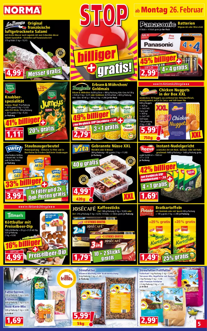 Aktueller Prospekt Norma - Norma - von 26.02 bis 04.03.2024 - strona 5 - produkty: auer, batterie, batterien, beutel, bier, chicken nuggets, curry, deo, dip, eis, erbsen, erdnüsse, fleisch, Frit-Sticks, gin, Goldmais, Hähnchenfleisch, kaffee, kartoffel, kartoffeln, Köttbullar, kühlregal, leine, LG, Luftgetrocknete Salami, mac, mais, mandel, mandeln, messer, mit zwiebeln, nudel, Nudelgericht, nuggets, nuss, perlen, regal, reis, rind, ring, salami, sekt, Speck, Spezi, staubsauger, staubsaugerbeutel, Streufutter, Ti, tisch, Vogelfutter, weck, zwiebel, zwiebeln