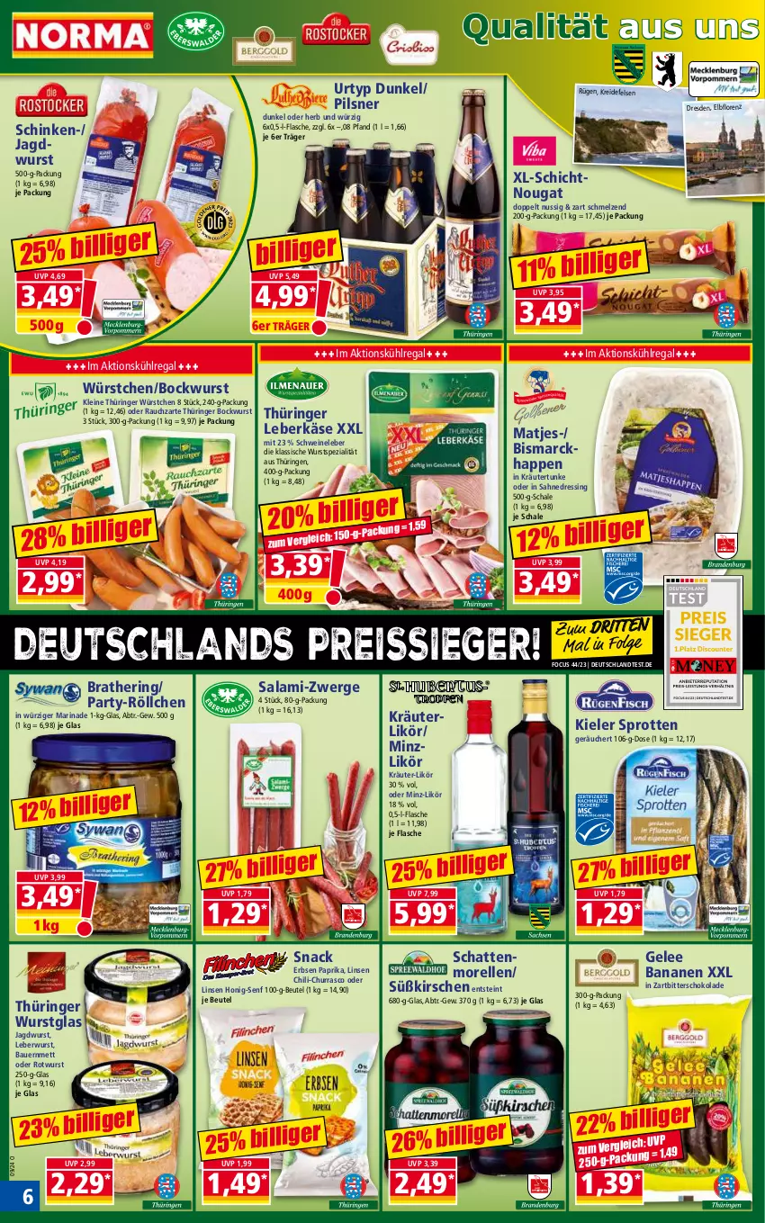 Aktueller Prospekt Norma - Norma - von 26.02 bis 04.03.2024 - strona 6 - produkty: auer, banane, bananen, Bau, Bauer, beutel, bismarck, bockwurst, chili, dressing, eis, elle, erbsen, flasche, gelee, hering, honig, Honig-Senf, jagdwurst, Käse, kirsch, kirsche, kirschen, kräuter, kräuterlikör, Kreide, kühlregal, leberkäs, leberkäse, leberwurst, leine, LG, likör, linsen, lorenz, marinade, matjes, Mett, morellen, nuss, paprika, pils, pilsner, Rauch, regal, reis, reiss, rel, ring, Rotwurst, sahne, salami, Schal, Schale, schattenmorellen, schinken, schoko, schokolade, schwein, schweine, Schweineleber, senf, snack, Spezi, Sprotten, Ti, urtyp, wein, weine, wurst, würstchen