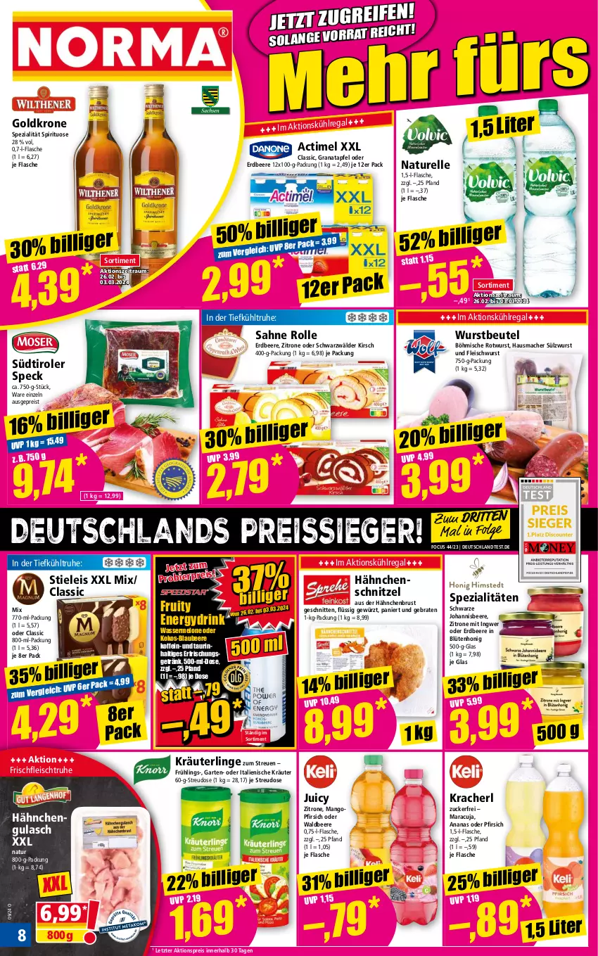 Aktueller Prospekt Norma - Norma - von 26.02 bis 04.03.2024 - strona 8 - produkty: actimel, aktionspreis, ananas, apfel, beere, beutel, bier, Blaubeer, blaubeere, Blüte, blütenhonig, braten, drink, eis, elle, erdbeere, erfrischungsgetränk, flasche, fleisch, fleischwurst, Garten, getränk, gewürz, goldkrone, grana, granatapfel, gulasch, hähnchenbrust, Hähnchenschnitzel, Hausmacher, honig, ingwer, johannisbeere, kirsch, kokos, kracher, kräuter, krone, kühlregal, LG, mac, mango, maracuja, melone, natur, pfirsich, Rana, regal, reis, reiss, rel, Rotwurst, sahne, schnitten, schnitzel, Speck, Spezi, stieleis, südtiroler, Ti, wasser, wassermelone, wurst, zitrone, ZTE, zucker