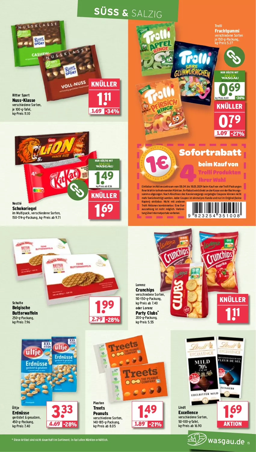 Aktueller Prospekt Wasgau - von 15.04 bis 20.04.2024 - strona 15 - produkty: auer, Brei, butter, chips, coupon, coupons, crunchips, eis, elle, erde, erdnüsse, frucht, fruchtgummi, gin, LG, lindt, lorenz, lorenz crunchips, nestlé, nuss, reis, riegel, ritter, ritter sport, salz, schoko, schokoriegel, Sport, Ti, trolli, trolli fruchtgummi, ültje, ültje erdnüsse, waffeln