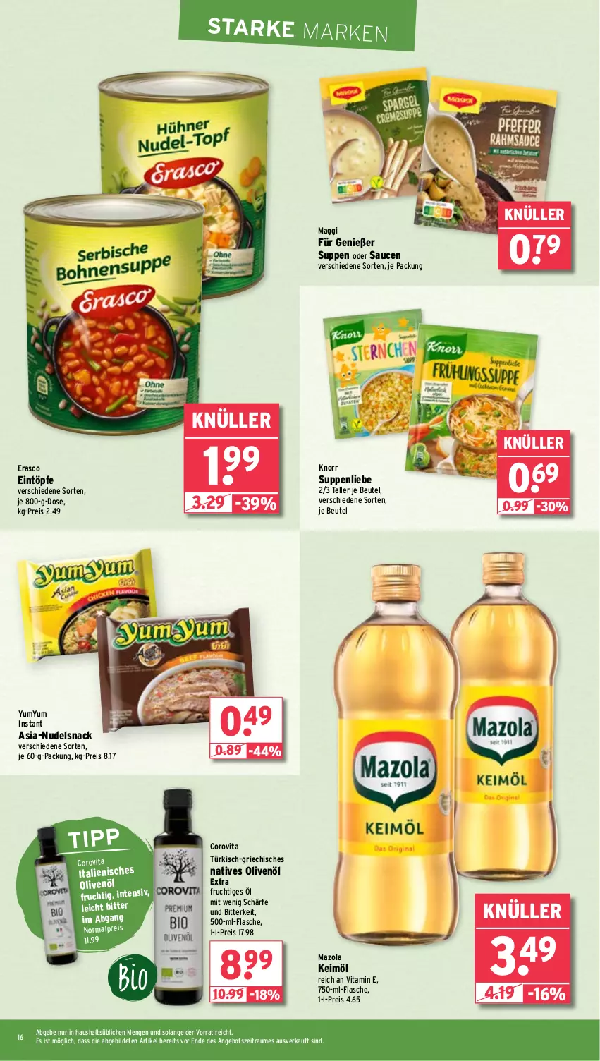 Aktueller Prospekt Wasgau - von 15.04 bis 20.04.2024 - strona 16 - produkty: angebot, beutel, eintöpfe, eis, elle, erasco, flasche, frucht, keimöl, knorr, maggi, mazola, natives olivenöl, nudel, olive, oliven, olivenöl, olivenöl extra, reis, sauce, saucen, snack, suppe, suppen, suppenliebe, teller, Ti, vita