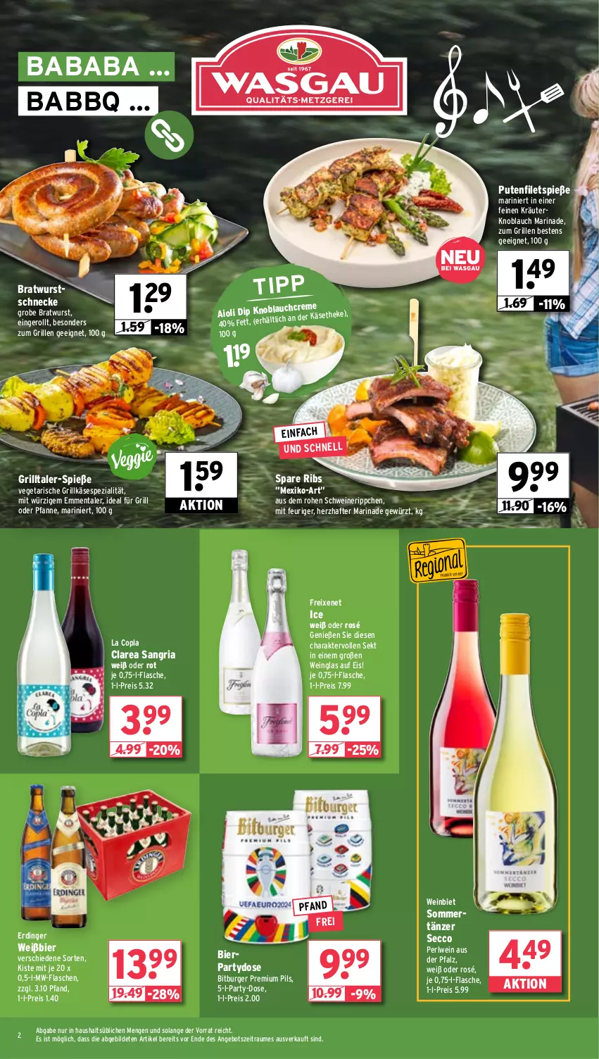 Aktueller Prospekt Wasgau - von 15.04 bis 20.04.2024 - strona 2 - produkty: aioli, angebot, bier, bitburger, bratwurst, burger, creme, dip, ecco, eis, emmentaler, erdinger, filet, filets, flasche, freixenet, gewürz, grill, Grillkäse, grobe bratwurst, ideal für grill, Käse, knoblauch, kräuter, marinade, mw-flasche, pfanne, pils, premium pils, pute, reis, Ria, sangria, schwein, schweine, sekt, spare ribs, Spezi, Ti, Vegeta, wein, weine, wurst