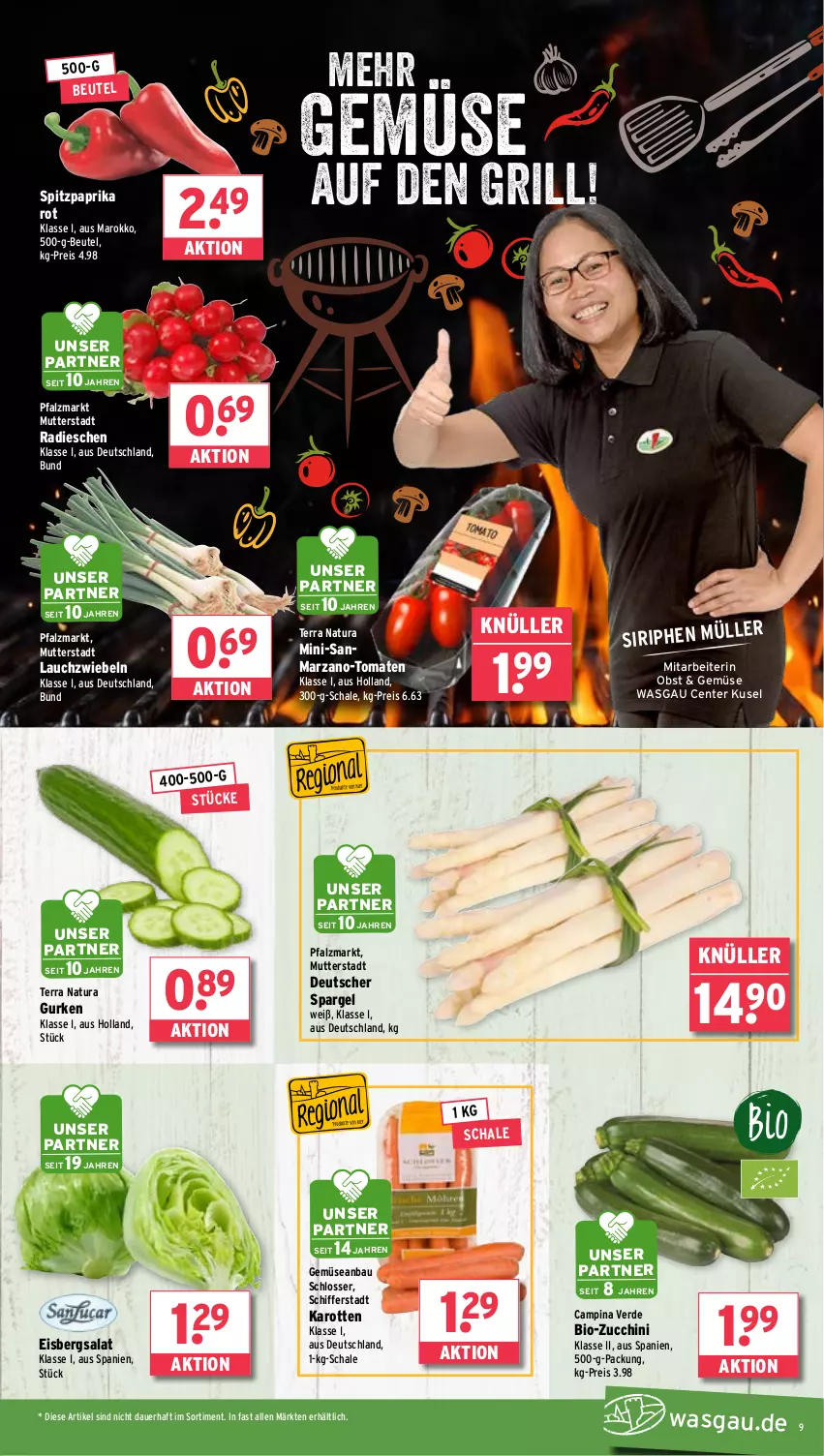 Aktueller Prospekt Wasgau - von 15.04 bis 20.04.2024 - strona 9 - produkty: auer, Bau, beutel, bio, bio-zucchini, deutscher spargel, eis, eisbergsalat, ente, erde, grill, gurke, gurken, karotten, Lauchzwiebel, lauchzwiebeln, natur, natura, obst, paprika, paprika rot, radieschen, reis, salat, Schal, Schale, spargel, Spitzpaprika, Ti, tomate, tomaten, zucchini, zwiebel, zwiebeln