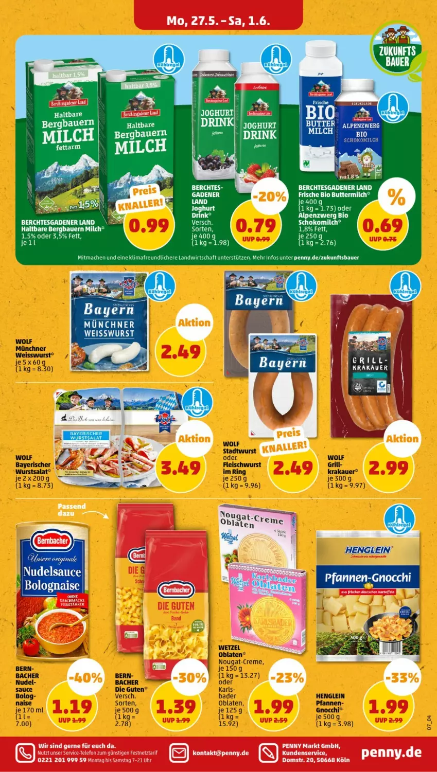 Aktueller Prospekt Penny - Prospekte - von 27.05 bis 01.06.2024 - strona 13 - produkty: auer, Bad, Bau, Bauer, bio, butter, buttermilch, creme, drink, eier, eis, fleisch, fleischwurst, gnocchi, grill, haltbare milch, henglein, joghur, joghurt, krakauer, milch, nudel, Oblaten, pfanne, pfannen, ring, salat, sauce, schoko, Schokomilch, wurst