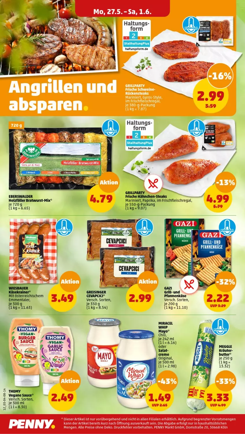 Aktueller Prospekt Penny - Prospekte - von 27.05 bis 01.06.2024 - strona 18 - produkty: bratwurst, burger, butter, cevapcici, chili, creme, eis, emmentaler, Frische Hähnchen, gin, grill, Holz, Käse, kleid, kräuter, meggle, miracel, paprika, pfanne, pfannen, pfannenkäse, regal, reis, salat, sauce, steak, steaks, thomy, wurst