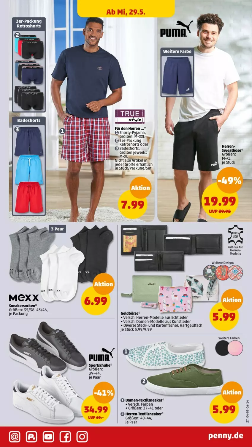 Aktueller Prospekt Penny - Prospekte - von 27.05 bis 01.06.2024 - strona 27 - produkty: Bad, badeshorts, damen-mode, dell, elle, Geldbörse, herren-mode, hose, Mexx, Mode, puma, Pyjama, retroshorts, schuhe, shorts, shorty, shorty-pyjama, sneaker, Sport, sportschuhe, Sweathose, Ti