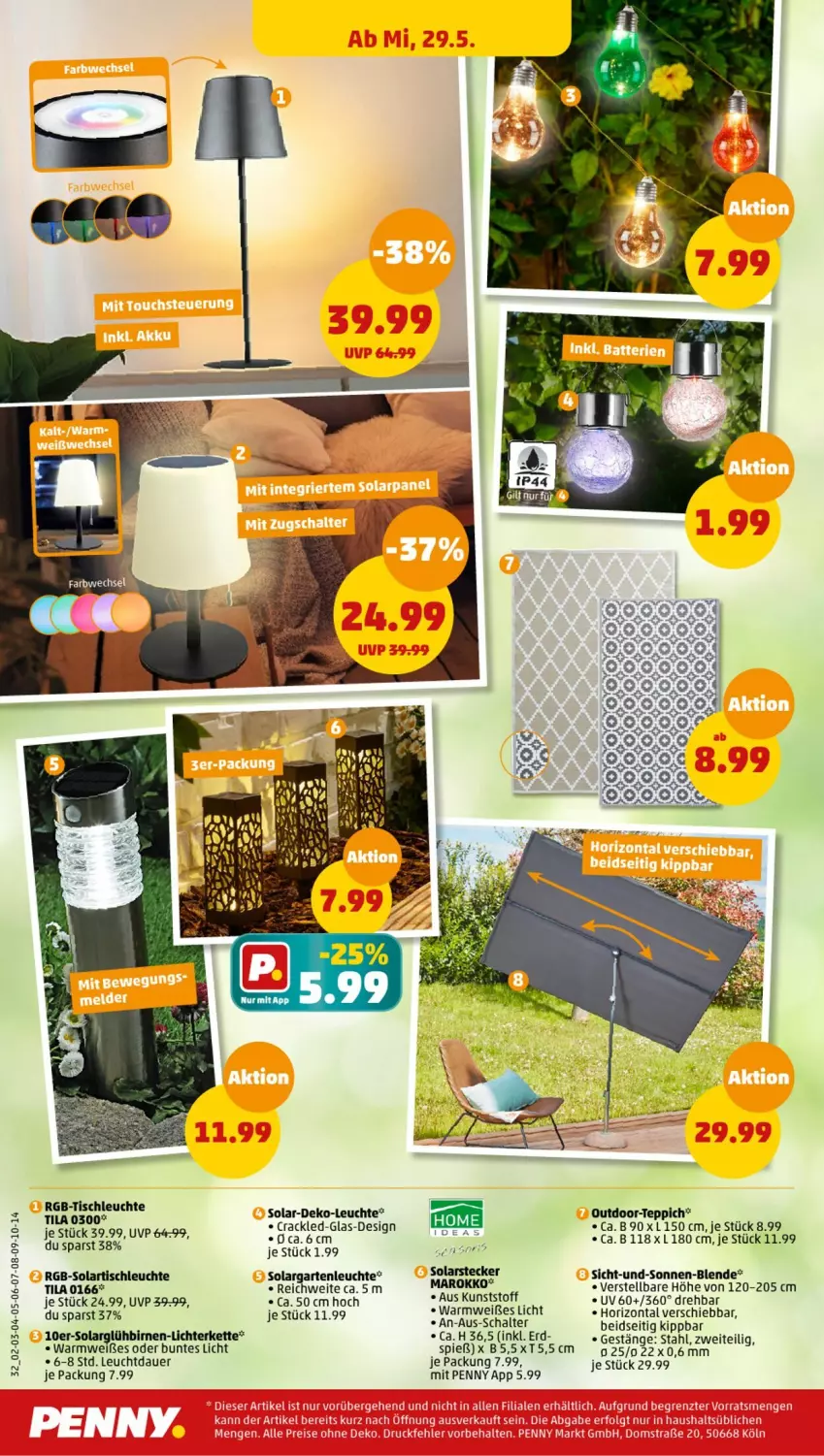 Aktueller Prospekt Penny - Prospekte - von 27.05 bis 01.06.2024 - strona 32 - produkty: auer, Birnen, Garten, Kette, Leuchte, lichterkette, Outdoor-Teppich, Schal, teppich, Ti, tisch, tischleuchte