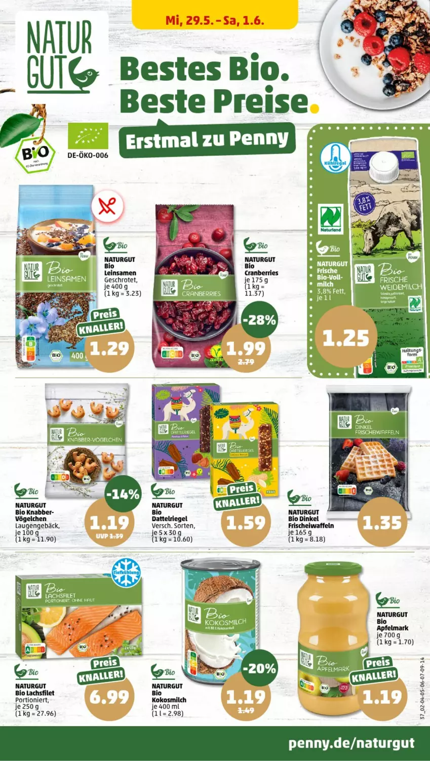 Aktueller Prospekt Penny - Prospekte - von 27.05 bis 01.06.2024 - strona 37 - produkty: apfel, beere, beeren, bio, filet, kokos, kokosmilch, lachs, lachsfilet, milch, natur, riegel, Ti, waffeln