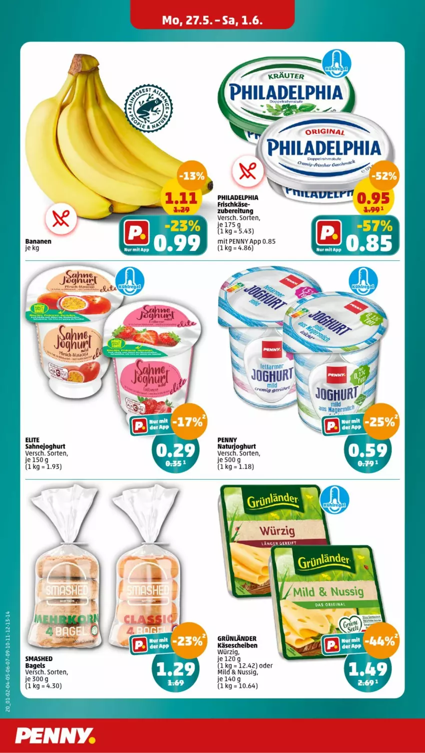 Aktueller Prospekt Penny - Prospekte - von 27.05 bis 01.06.2024 - strona 4 - produkty: Bagel, banane, bananen, frischkäse, Germ, grünländer, joghur, joghurt, Käse, käsescheiben, natur, naturjoghurt, nuss, philadelphia, sahne, Sahnejoghurt, Ti