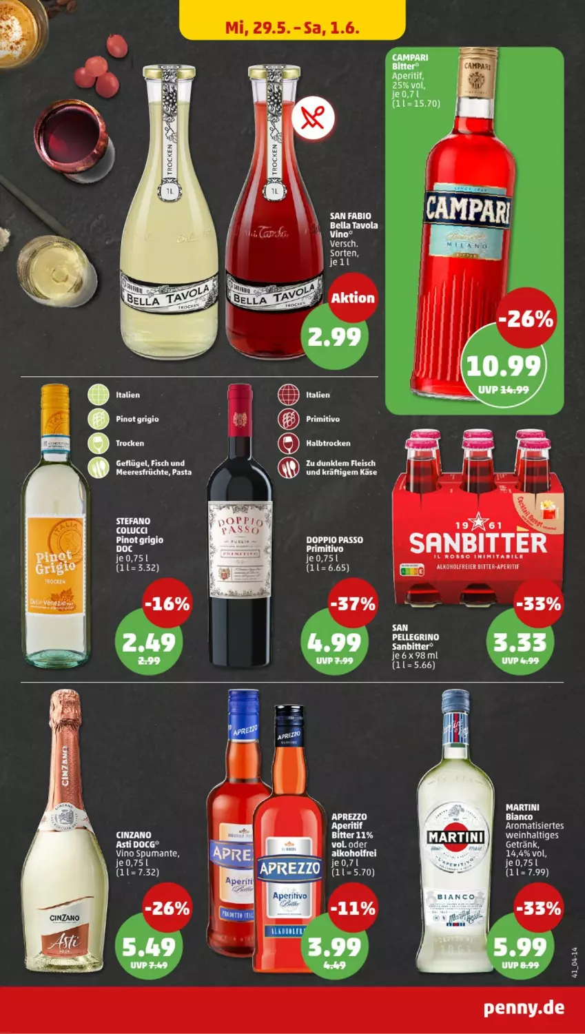 Aktueller Prospekt Penny - Prospekte - von 27.05 bis 01.06.2024 - strona 41 - produkty: alkohol, aperitif, asti, cin, cinzano, Cinzano Asti, doppio passo, eier, eis, elle, fisch, Fisch und Meeresfrüchte, fleisch, früchte, Geflügel, Käse, meeresfrüchte, passo, pasta, Pinot, pinot grigio, puma, san pellegrino, spumante, Ti, Vino Spumante, wein