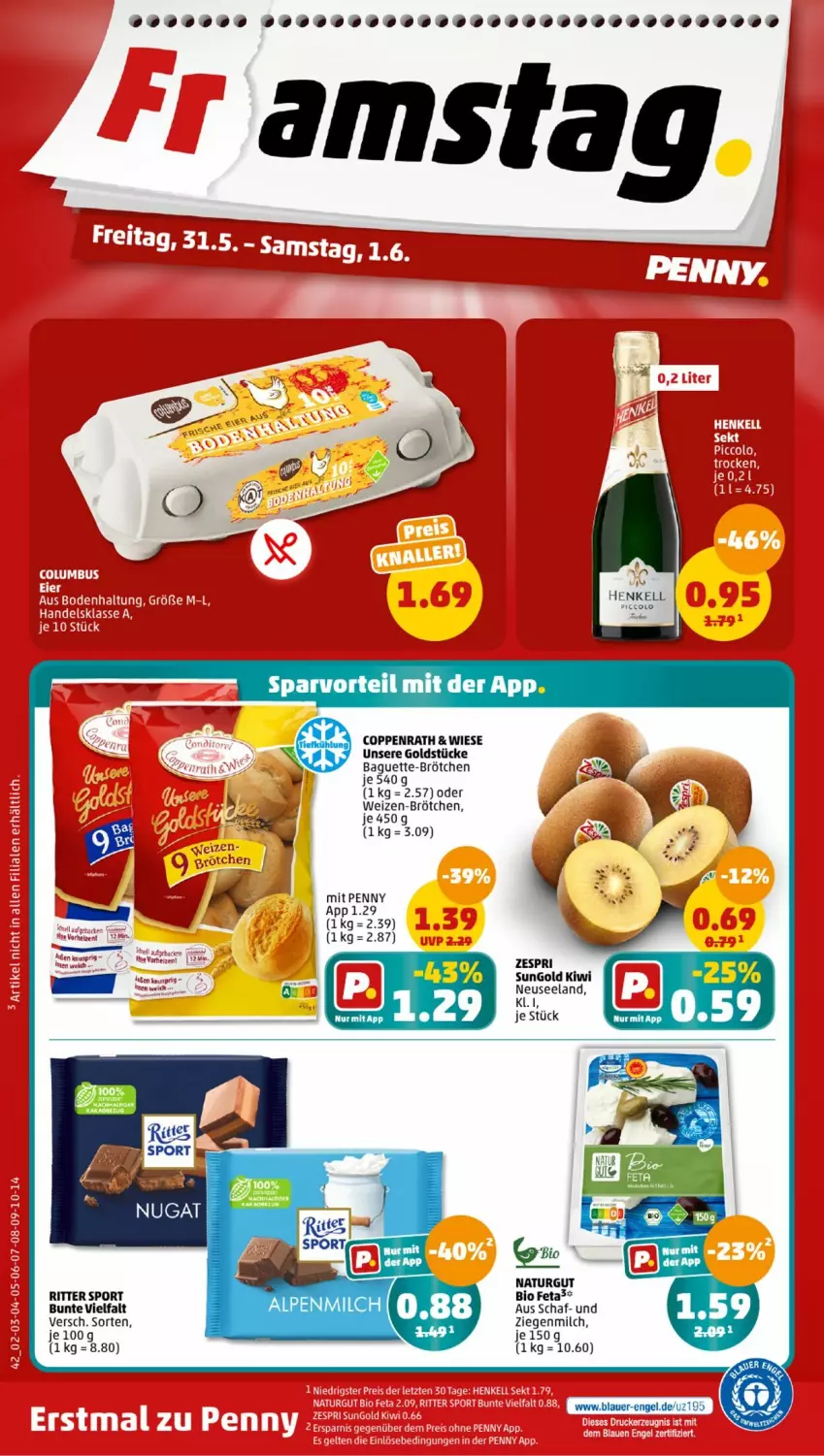 Aktueller Prospekt Penny - Prospekte - von 27.05 bis 01.06.2024 - strona 42 - produkty: auer, baguette, bio, brötchen, coppenrath, Elan, Engel, feta, geback, Goldstücke, kiwi, milch, natur, ritter, ritter sport, Sport, zespri