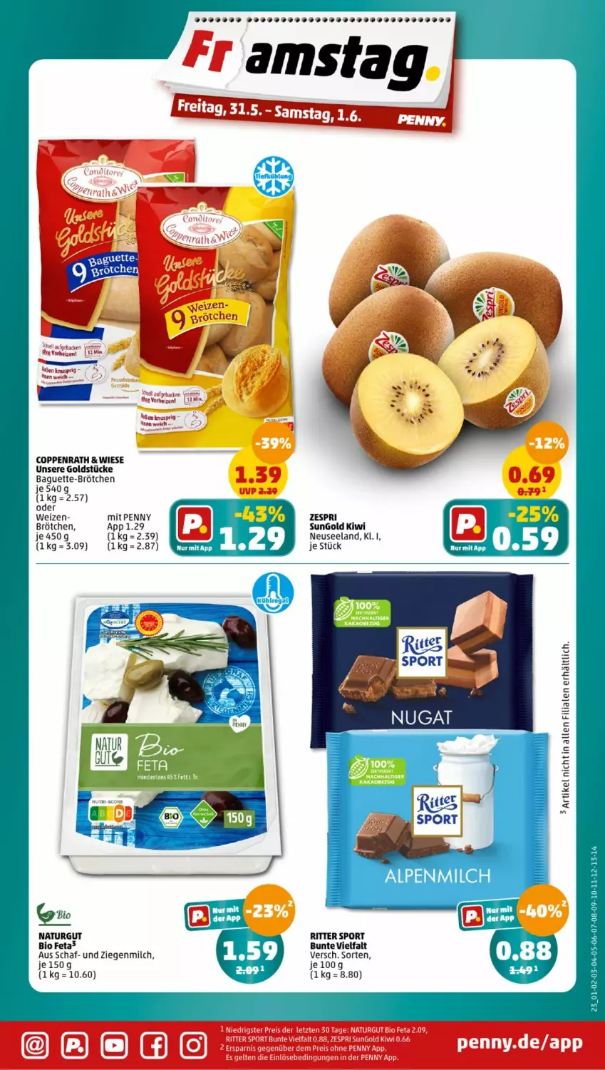 Aktueller Prospekt Penny - Prospekte - von 27.05 bis 01.06.2024 - strona 7 - produkty: baguette, bio, brötchen, coppenrath, Elan, feta, Goldstücke, hugo, kiwi, milch, natur, ritter, ritter sport, Sport, Ti, zespri