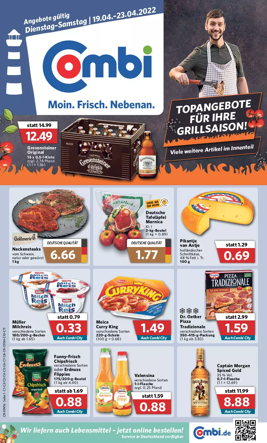 Aktueller Prospekt Combi - Prospekte - von 19.04 bis 23.04.2022 - strona 1 - produkty: Arnica, Becher, beutel, Cap, captain morgan, chips, chipsfrisch, curry, Dr. Oetker, eis, elle, ente, erdnuss, flasche, flippies, funny-frisch, gewürz, gin, grevensteiner, grill, holländischer schnittkäse, Käse, lebensmittel, meica, milch, milchreis, Müller, Nackensteak, nackensteaks, natur, nuss, pizza, pizza tradizionale, reis, Schal, Schale, schnittkäse, schwein, steak, steaks, steiner, tafeläpfel, Ti, tradizionale, valensina, wein