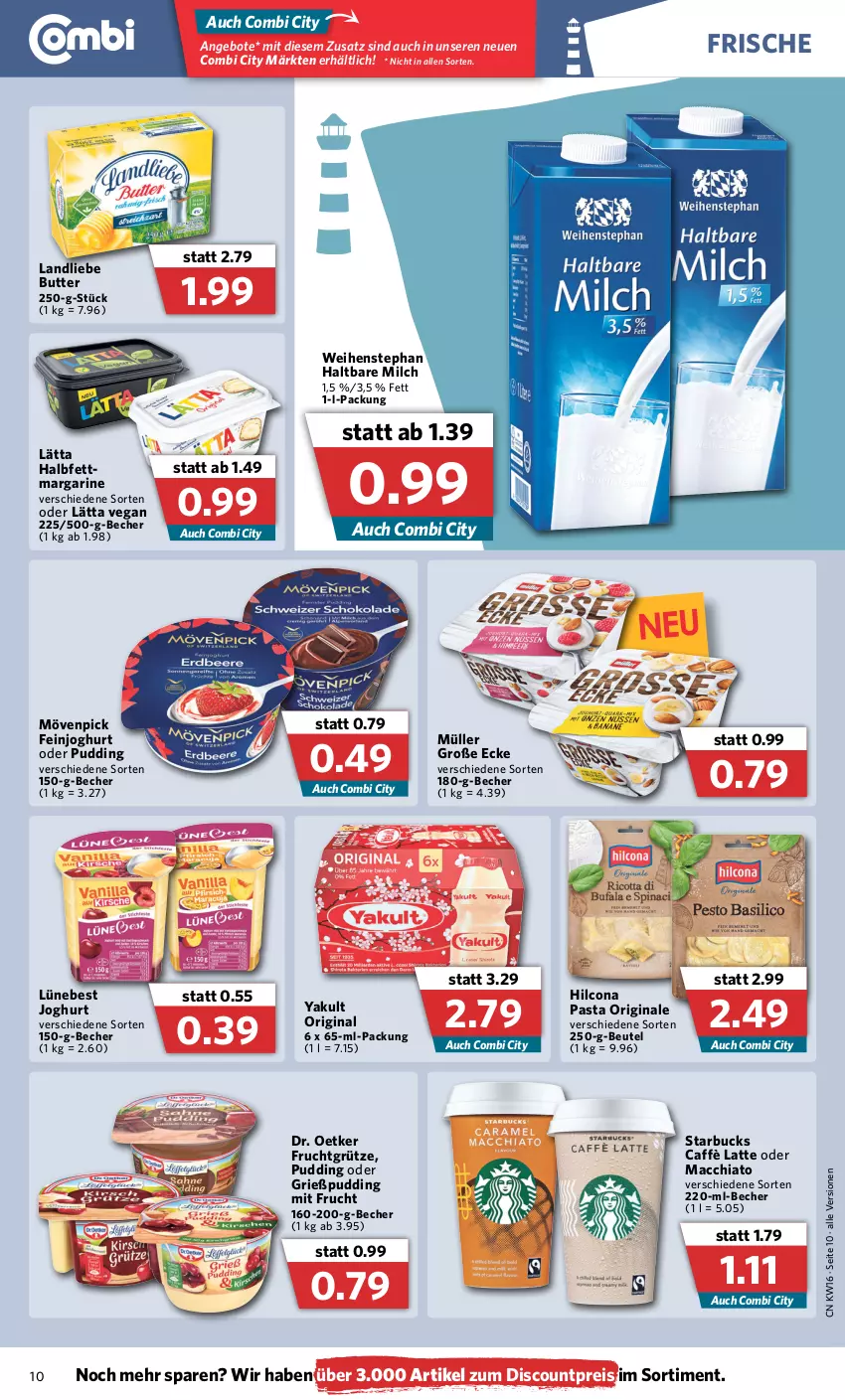 Aktueller Prospekt Combi - Prospekte - von 19.04 bis 23.04.2022 - strona 10 - produkty: ACC, angebot, angebote, Becher, beutel, butter, caffè latte, chia, discount, Dr. Oetker, eis, feinjoghurt, frucht, fruchtgrütze, gin, Grießpudding, grütze, haltbare milch, hilcona, joghur, joghurt, landliebe, lätta, latte, mac, macchiato, margarine, milch, mit frucht, mövenpick, Müller, pasta, pudding, reis, starbucks, Ti, weihenstephan