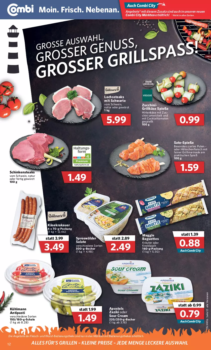 Aktueller Prospekt Combi - Prospekte - von 19.04 bis 23.04.2022 - strona 12 - produkty: angebot, angebote, antipasti, apostels, asti, auer, baguette, baguettes, Becher, cocktail, eis, fleisch, gewürz, grill, Grillkäse, Hähnchenfleisch, hirtenkäse, Käse, knoblauch, krakauer, kräuter, kühlmann, lachs, leine, marinade, meggle, natur, pute, reis, salat, salate, Schal, Schale, schinken, Schinkensteak, schwein, sour cream, spreewälder, steak, steaks, Ti, tisch, tomate, tomaten, wein, WICK, wurst, zaziki, zucchini