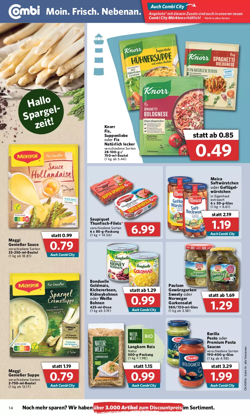 Aktueller Prospekt Combi - Prospekte - von 19.04 bis 23.04.2022 - strona 14 - produkty: angebot, angebote, barilla, beutel, bohne, bohnen, bonduelle, bonduelle goldmais, discount, eis, elle, erbsen, filet, filets, fisch, Geflügel, gewürz, Gewürzgurke, gewürzgurken, Goldmais, gurke, gurken, gurkensalat, kichererbsen, kidney, knorr, knorr fix, korn, maggi, mais, meica, natur, pasta, Pasta Sauce, pesto, reis, rwe, saft, salat, sauce, saucen, saupiquet, suppe, suppen, suppenliebe, thunfisch, Ti, Weiße Bohnen, würstchen