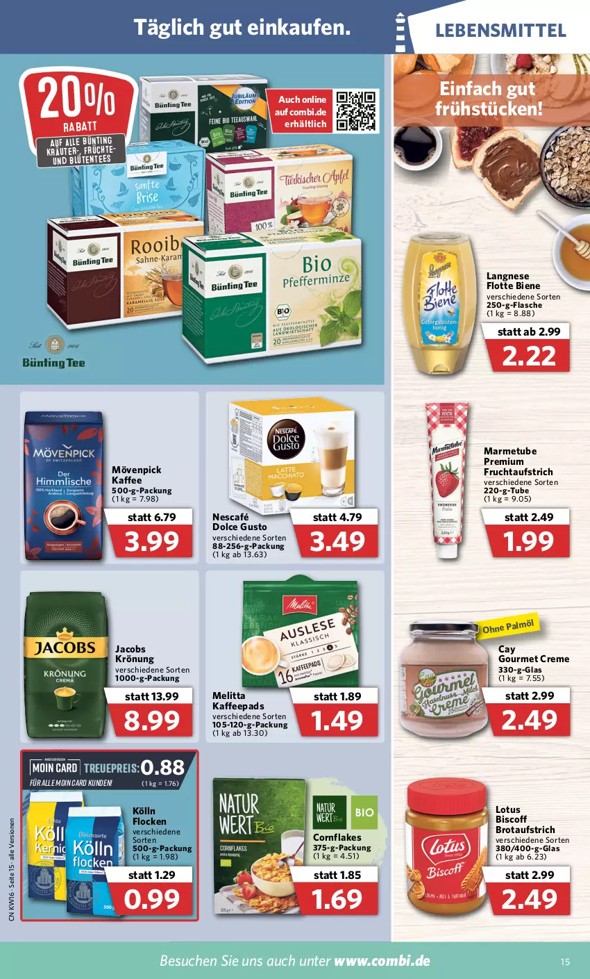 Aktueller Prospekt Combi - Prospekte - von 19.04 bis 23.04.2022 - strona 15 - produkty: aufstrich, biscoff, Blüte, brot, brotaufstrich, creme, dolce gusto, eis, ente, flakes, flasche, frucht, fruchtaufstrich, früchte, jacobs, jacobs krönung, kaffee, kaffeepads, kölln, kräuter, langnese, lebensmittel, melitta, mövenpick, mövenpick kaffee, Nescafé, reis, tee, Ti