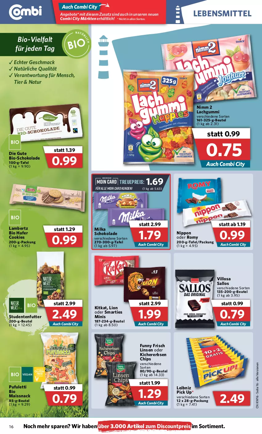 Aktueller Prospekt Combi - Prospekte - von 19.04 bis 23.04.2022 - strona 16 - produkty: Amber, angebot, angebote, beutel, bio, chips, cookie, cookies, discount, eis, ente, erbsen, Funny Frisch, hafer, kichererbsen, Kichererbsen Chips, kitkat, lachgummi, lambertz, lebensmittel, leibniz, linsen, lion, mac, mais, milka, milka schokolade, natur, Nimm 2, nippon, reis, schoko, schokolade, smarties, snack, studentenfutter, Ti