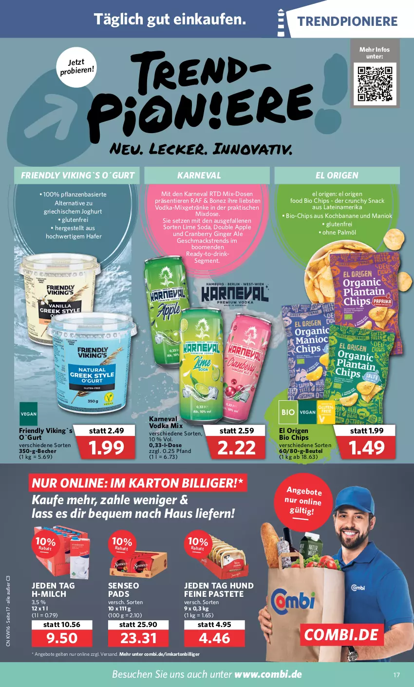 Aktueller Prospekt Combi - Prospekte - von 19.04 bis 23.04.2022 - strona 17 - produkty: angebot, angebote, Apple, banane, Becher, beutel, bier, Biere, bio, chips, cranberry, drink, drinks, getränk, getränke, gin, ginger, ginger ale, hafer, joghur, joghurt, mac, milch, Mixgetränk, ohne palmöl, pastete, pflanze, pflanzen, senseo, senseo pads, snack, Soda, Ti, Tiere, tisch, vodka