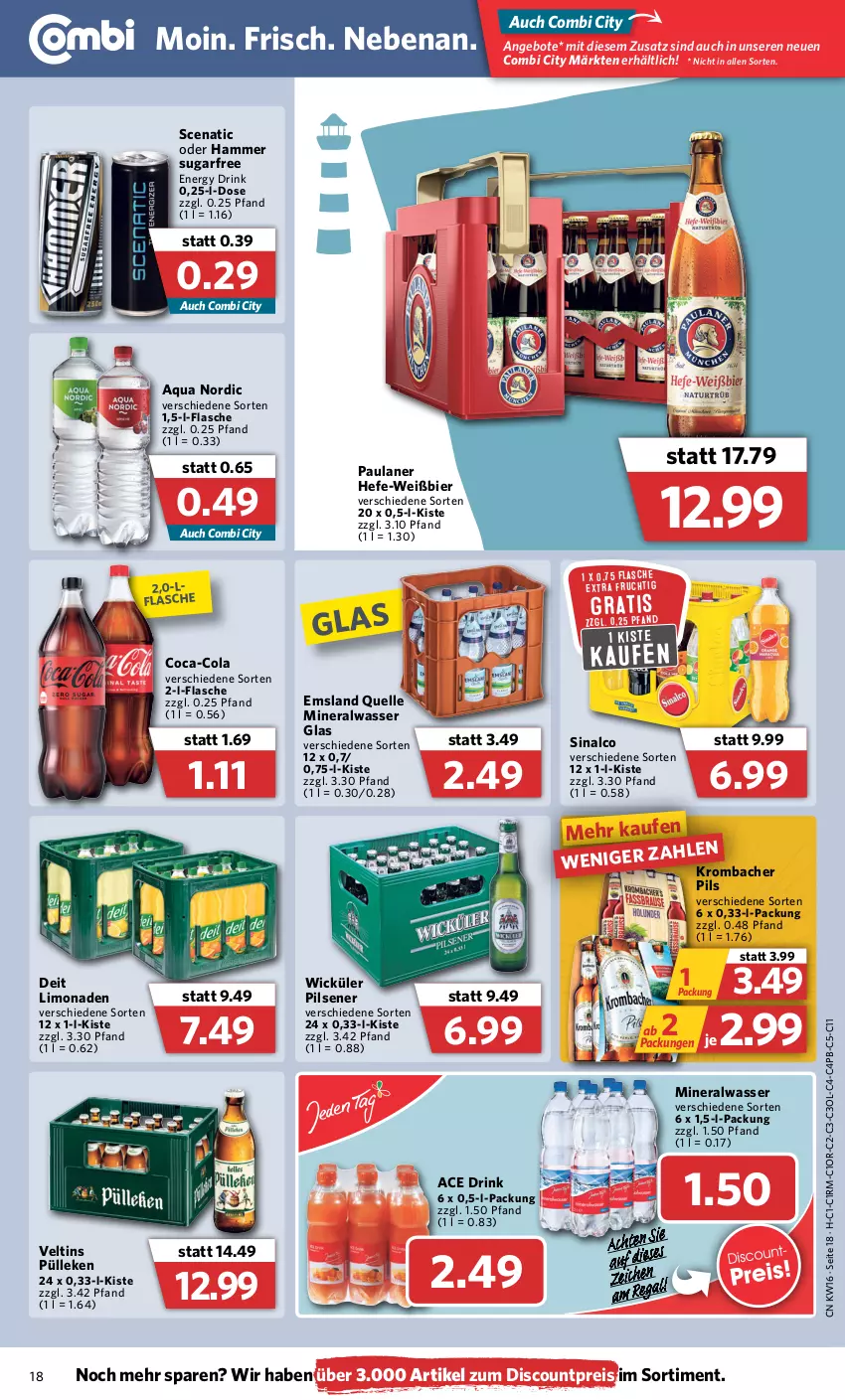 Aktueller Prospekt Combi - Prospekte - von 19.04 bis 23.04.2022 - strona 18 - produkty: Alwa, angebot, angebote, aqua, bier, coca-cola, cola, deit, discount, drink, eis, elle, energy drink, flasche, frucht, Hefe, krombache, krombacher, krombacher pils, limo, limonade, limonaden, mineralwasser, Paula, paulaner, pils, pilsener, reis, sinalco, Ti, veltins, wasser, WICK