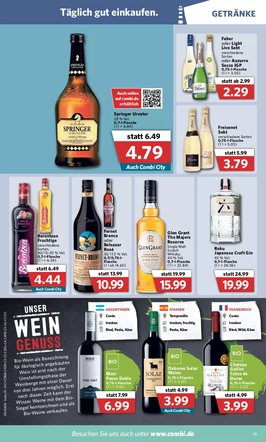 Aktueller Prospekt Combi - Prospekte - von 19.04 bis 23.04.2022 - strona 19 - produkty: auer, Bau, Belsazar, berentzen, bio, Bio-Wein, chateau, cuvée, ecco, Fernet, fernet branca, flasche, freixenet, frucht, getränk, getränke, gin, Glen Grant, Käse, olaz, osborne, passo, pasta, rind, ring, scotch, scotch whisky, sekt, single malt, tempranillo, Ti, urvater, wein, weine, whisky, Wild