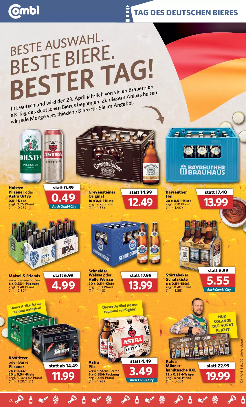 Aktueller Prospekt Combi - Prospekte - von 19.04 bis 23.04.2022 - strona 20 - produkty: Astra, auer, bier, Biere, eis, elle, gin, grevensteiner, Handtasche, holsten, holsten pilsener, köstritzer, mais, pils, pilsener, pril, steiner, störtebeker, Tasche, Ti, urtyp