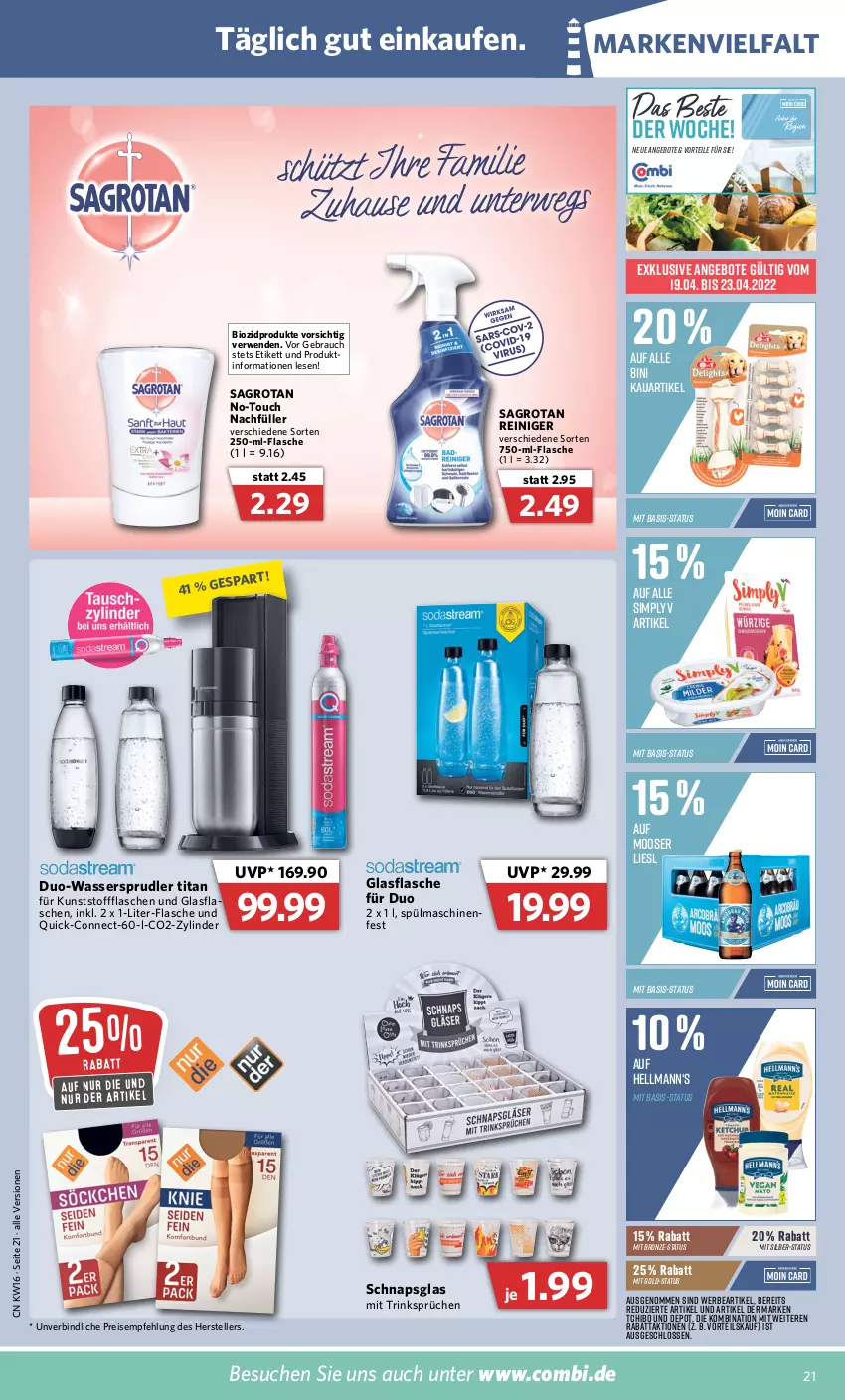 Aktueller Prospekt Combi - Prospekte - von 19.04 bis 23.04.2022 - strona 21 - produkty: angebot, angebote, bio, biozidprodukte, eis, elle, flasche, glasflasche, Rauch, reiniger, reis, rwe, sagrotan, sim, spülmaschinen, Tchibo, teller, Ti, wasser, wassersprudler