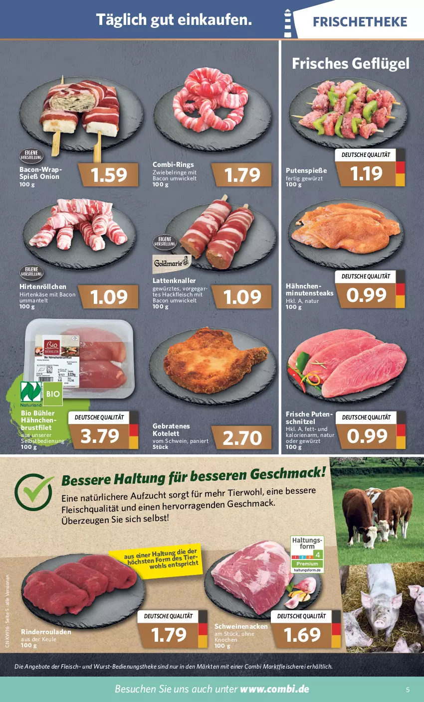 Aktueller Prospekt Combi - Prospekte - von 19.04 bis 23.04.2022 - strona 5 - produkty: angebot, angebote, bacon, bio, braten, brustfilet, eis, filet, fleisch, Fleischerei, Geflügel, gewürz, hackfleisch, hähnchenbrust, hähnchenbrustfilet, hirtenkäse, Hirtenröllchen, Käse, kotelett, latte, mac, Mantel, minutensteaks, natur, pute, putenschnitzel, rind, rinder, Rinderroulade, rinderrouladen, ring, rouladen, Schere, schnitzel, schwein, schweine, schweinenacken, steak, steaks, Ti, wein, weine, WICK, wrap, wraps, wurst, ZTE, zwiebel