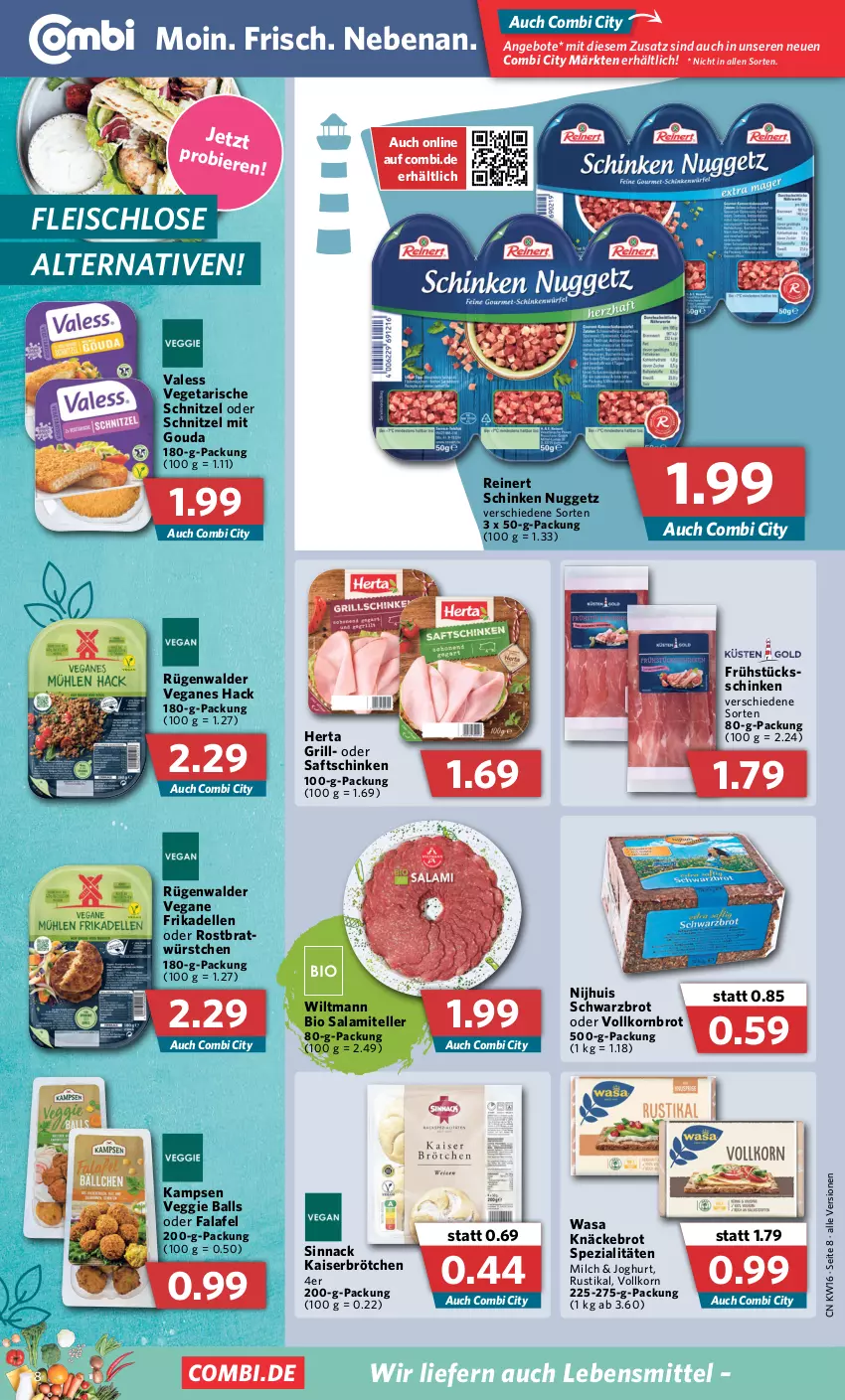 Aktueller Prospekt Combi - Prospekte - von 19.04 bis 23.04.2022 - strona 8 - produkty: angebot, angebote, ball, bio, brot, brötchen, dell, eis, elle, Falafel, fleisch, frikadellen, gouda, grill, herta, joghur, joghurt, Kaiser, knäckebrot, korn, Kornbrot, lebensmittel, milch, mit gouda, reinert, rügenwalder, saft, saftschinken, salami, schinken, schnitzel, Schwarzbrot, sinnack, Spezi, teller, Ti, Vegeta, veggie, vollkornbrot, wasa, wiltmann, würstchen